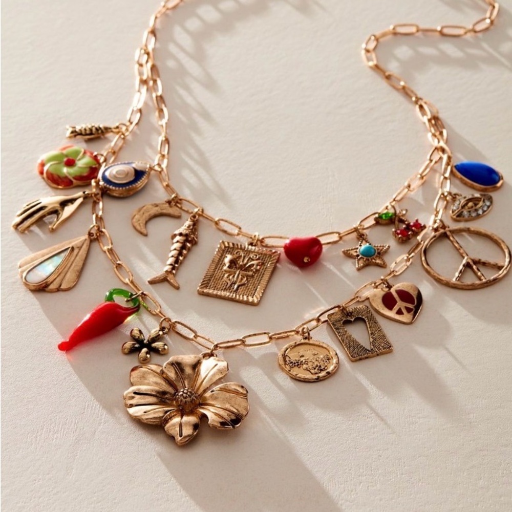 Free People Gold Charm Necklace with Colorful Enamel Accents